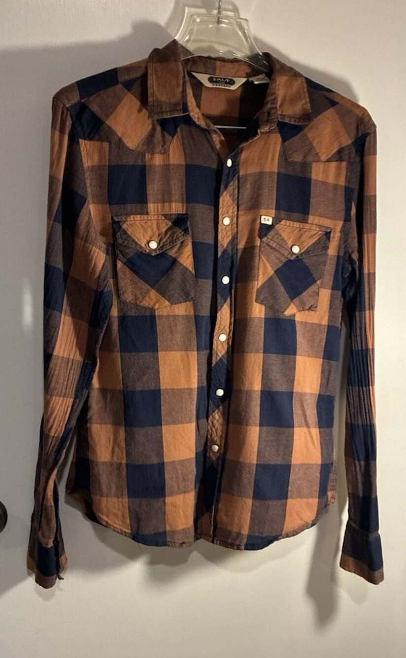 Salt Valley Western Plaid Long Sleeve Shirt Size S Brown Blue Check